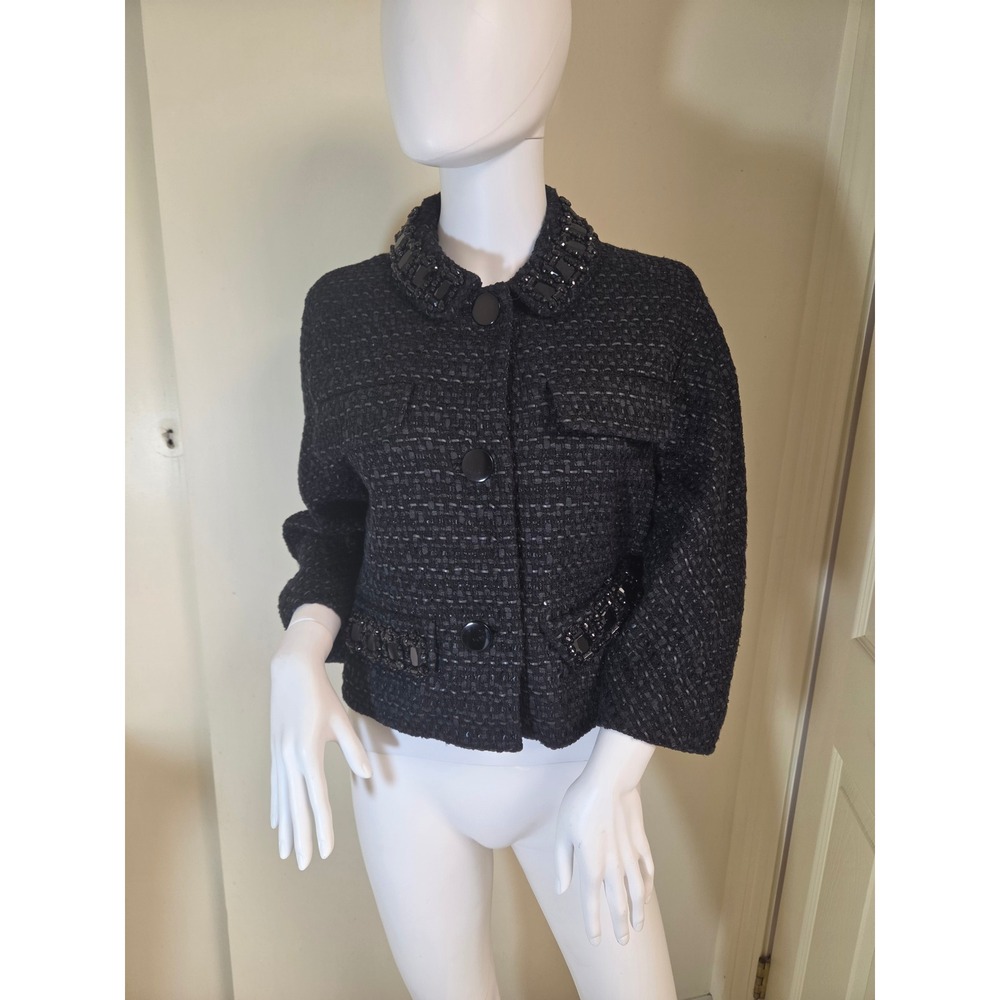 Kate Spade x Madison Avenue Black Tweed Jewel Embellished Cropped Jacket Size 4